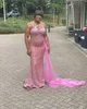 2022 Plus Size Arabski ASO EBI Różowy Syrenka Luksusowy Prom Dresses Sheer Neck Sexy Evention Formal Party Drugi Recepcja Urodziny Suknie Zaręczynowe Sukienka Zje66