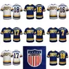 Maillot de hockey MitNess Hanson Brothers Charlestown # 16 Jack # 17 Steve # 18 Jeff 7 Slapshot Movie Maillots Bleu Blanc