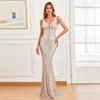 YIDINGZS Women Beading Dress Long Prom Deep V Neck Silver Sequin Evening Sexy Party Maxi 18691 220507