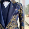 Jacquard Floral Tuxedo Passar för män Bröllop Slim Fit Navy Blue and Gold Gentleman Jacket med Vest Pant 3 Piece Male Costume (Jacket + Vest + Byxor)