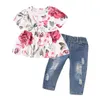 Giyim Setleri 2 Adet Toddler Fırfır Kıyafetler Kısa Kollu Çiçek Kız Gömlek Tops + Denim Pantolon Kot Pantolon Bebek Kız Giysileri Yırtık