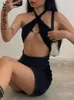Criptográfico sexy sin espalda halter recortado mujeres mini vestidos bodycon club moda sin mangas vestido negro ropa de vacaciones 220521