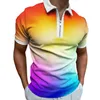 Summer Mens T-Shirts New Fashion Striped Contrast Color Men's Short Sleeve Shirt Lapel Zipper Design Street Casual T-Shirt