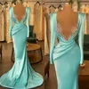 Abiti eleganti da ballo a sirena con perline Abiti da donna in raso con scollo a V a maniche lunghe Abiti da sera convenzionali con strascico vintage