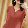 純綿Tシャツの女性夏のVネックプルオーバーソリッドカラーニットウェアプラスサイズカジュアルセーター半袖ティー220411
