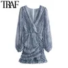 TRAF女性シックなファッションアニマルプリント非対称のドレープドレスビンテージ長袖フリルの女性ドレスMUJER 210325