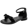 Modische neue Damen-Sandalen mit Schleife, lässig, niedriger Absatz, Outdoor-Strandschuhe, Knöchelriemen, Sliper, Größe 35–41