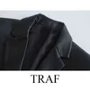 TRAF Women's Fashion Pockets Long Sleeve Back Vents Female Outerwear PU Faux Leather Loose Blazer Coat Vintage Chic Tops L220801