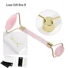 Rose Quartz Roller Double Pink Jade Roller Facial Massager Gelast Geïntegreerd Metaal met Gift Box Guasha Board