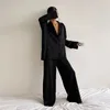 Hiloc Oversized Satin Silk Sleepwear Low Cut Sexy Pajamas For Women SingleBreasted Long Sleeves Wide Leg Pants Trouser Suits 220722