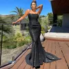 Square Collar Satin Maxi Dress Long Train Mermaid Sleeveless Evening Party Tank Stretch Black Floor Length Gown 220521