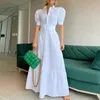 خمر نفخة الأكمام المرأة Maxi الأنيقة المكتب المخطط سيدة Long Dresses الأزياء الأزياء تروق الأزرار 220601