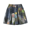 IEQJ Women Blue Patern Printed Denim Wide Leg Shorts High Waist Loose Fit Trousers Fashion Spring Summer 3D0023 220427