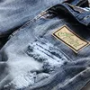 Mens Jeans Holes Frayed Hiphop Ripped Embroidery Flag Badge Paint Denim Pants Blue Slim Streetwear Distressed Moto Biker Jeans Mal317O