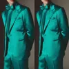 Green Satin Wedding Tuxedos Peaked Lapel Mens Jacket passar Handsome Men Prom Party Formal Outfit Jacket and Pants