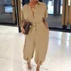 Sexig V-ringknapp Lace-up Jumpsuit Summer Short Sleeve Loose PlaySuit Overall Women Elegant Leopard Print Pocket Rompers W220427