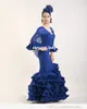 Royal Blue Retro Palace Mermaid Prom Dresses 2022 Ruches met lange mouwen Bottom Lamenco -jurk Abril Strech Lace Evening Jurk