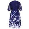 Floral Printed Plus Size Dress Summer Blue Lace Patchwork Elegant Dress for Party Club Women Short Sleeve Casual Midi Dress 220527