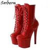 Sorbern 17Cm Red Snake Holo Boots Women For Pole Dancer Lace Up Platform Tacchi Colori personalizzati Fibbie Ins Fashion Shoes Ladies