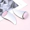 Home Use Beauty Custom Logo Natural Crystal Rose Quartz Face Roller Metal Guasha Tools 2 in 1 Body Scraping Massager Stainless Steel Gua Sha
