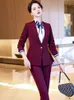 レディースツーピースパンツ女性ワインネイビーブルーブラックパンツスーツ女性Vネックフォーマルブレザージャケットとオフィスレディースワーク用のズボン2セットWEA