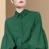 Vintage Blouse Women Spring Freach Elegant Fashion Lantern Sleeve Lady Lapel Loose Striped Tops Green Button Up Shirt 220407