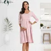 Vrouwen Zomer Casual gestreepte zwangerschapsjurken Kleding Kort mouw Kniekleten Zwangerschapskleding Sessie Geplooide Baby Shower Pink 220608