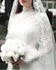 Magnifique gaine robes de mariée dentelle appliques paillettes bouffée à manches longues col haut balayage train musulman élégant robe de mariée robes de mariée