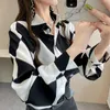 Blusas de mujer Camisas Elegante Solapa Manga de linterna Botón impreso Camisa de gasa Oversize Casual Ropa de mujer larga Oficina suelta Lady Bl