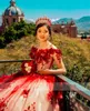 붉은 꽃 아플리케 볼 가운 Quinceanera 드레스 2022 오프 숄더 공주 스위트 16 드레스 Vestidos De 15 A￱os