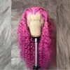 Novo rosa rosa rosa longo solto onda profunda perucas de cabelo humano para mulheres negras Purple/loiro/azul colorido de renda sintética Festa de peruca frontal