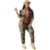 Plus Size S-3XL 4XL 5XL Women Camouflage Jumpsuits Spring Autumn Zipper Rompers Cardigan Bodysuit midja Stängande spårstänger i ett stycke