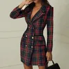 Herbst Zugeschnitten Mantel Frauen Büro Damen Plaid Rot Schlank Zweireiher Kleid V-ausschnitt Vintage Weibliche Phyl22