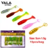 15pcs/lot Fishing Lure Screw T Tail Grub Dual Color Fish Soft Bait Power Bait Artificial Worm Lures 5cm 1.5g 6 colors
