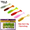 15pcs/lot balıkçılık cazibesi vida t kuyruk grubu çift renkli balık yumuşak yem güç yem yapay solucan lures 5cm 1.5g 6 renk