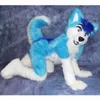 Uitvoering Blue Long Hair Husky Fox Dog Mascot Kostuum Halloween Kerst Fancy Draai Stript Character Outfit Pak Carnival Unisex volwassenen Outfit