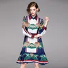 Casual Dresses High-End Vintage Cocktail Floral Print Long Sleeves Ruffled Swing Dress Sashes Turn-Down Collar Sleeve270L