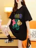 T-shirt feminina 2022 Mulheres Kawaii Bear imprimido Carta de tamanho grande lantejoulas de lantejoulas de manga curta de lanterna Bling Shiny Green Tops para mulher