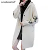 Nouveau Femmes Long Outwear fausse fourrure manteau automne hiver avec capuche brodé chaud simple boutonnage