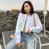 Kvinnorjackor Kvinnor Autumn Long Sleeve Velvet Baseball Coat Gradient Tie-Dye Print Open Front Jacket With Pin Clip Casual Loose Outw