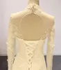 Image réelle col haut robe de mariée sirène dentelle perlée à manches longues robes de mariée tulle hors robe de mariée blanche