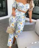 Women's Two Piece Pants Summer Set Women Fashion Printed Boho Crop Top & High Waist Suit 2pcs Outfit Conjuntos De Mujer