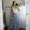 Luxury Woman kjolar koreansk stil mode elastisk midja applikationer broderi blommor mesh kjol lång gasbollklänning 220511