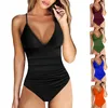 Kvinnors badkläder Högskuren full täckning V Ruched Bathing Women Criss kostym Baddräkter Halter Solid Cross Color Neckwomens