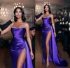 新しい紫色のサテンマーメイド長いイブニングドレス2022スパゲッティストラップビーズハイスプリットビーズスイープトレインフォーマルパーティープロムガウン