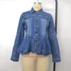 Kvinnors jackor kvinnor blå denim jacka ruffle fem smal fit kort jeans rock vintage avvrid krage boutique kläder ytterklädervinnor