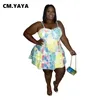 cm.yaya女性プラスサイズのドレスタイ染料袖のストラップVネックルーズカスケードフリルドレス