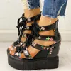 Ins Print Fritid Wedges Kvinnors Skor Sommarskor Kvinnor Sandaler Plattform Shoelaces High Heels Casual Skor Kvinna 220408