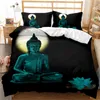 Buddha duvet omslag Set Golden Black Lotus Flowers Bedding Buddhist Decorative Exotic Etnic Style Comporter för vuxna