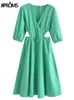 Aproms Elegant Deep V-neck Green Cotton Midi Dress Women Summer 2022 Half Sleeve Drawstring Waist Cut-out Holiday Dresses Female Y220413